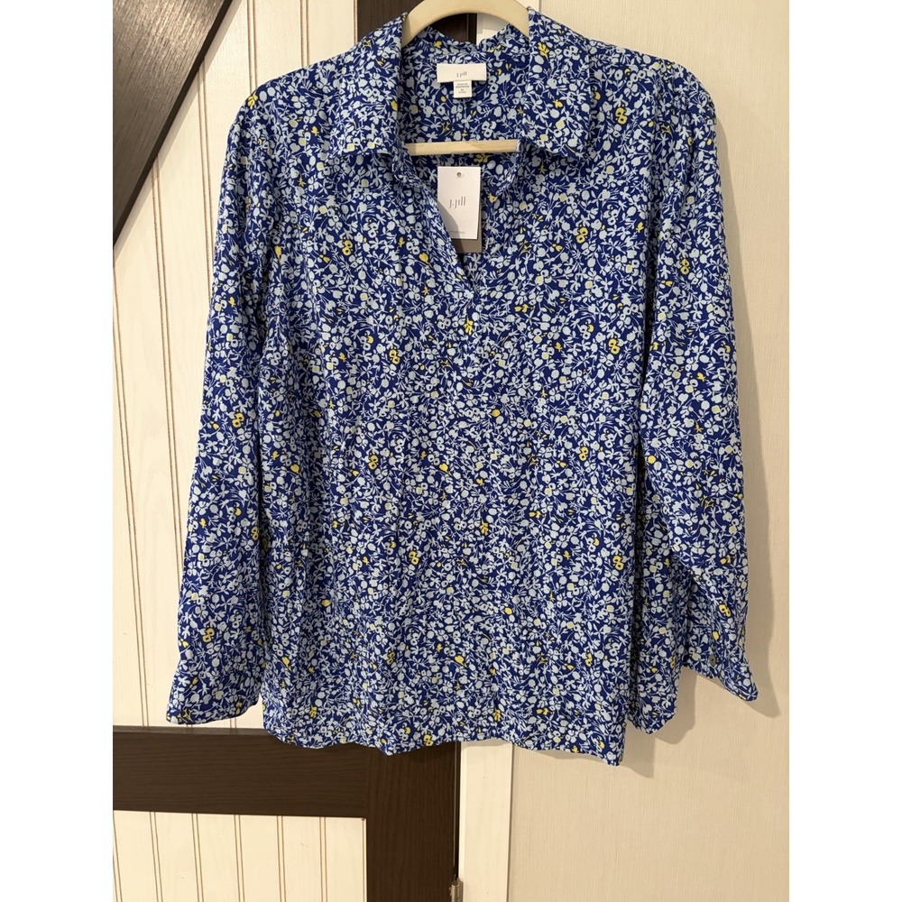 J. Jill Blue Floral Button Front Long Sleeve Blouse XLP 284422